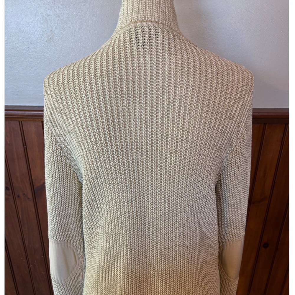 St. John Womens Beige Wool Silk Metallic Cardigan Sweater Elbow Patches Medium - Picture 6 of 9